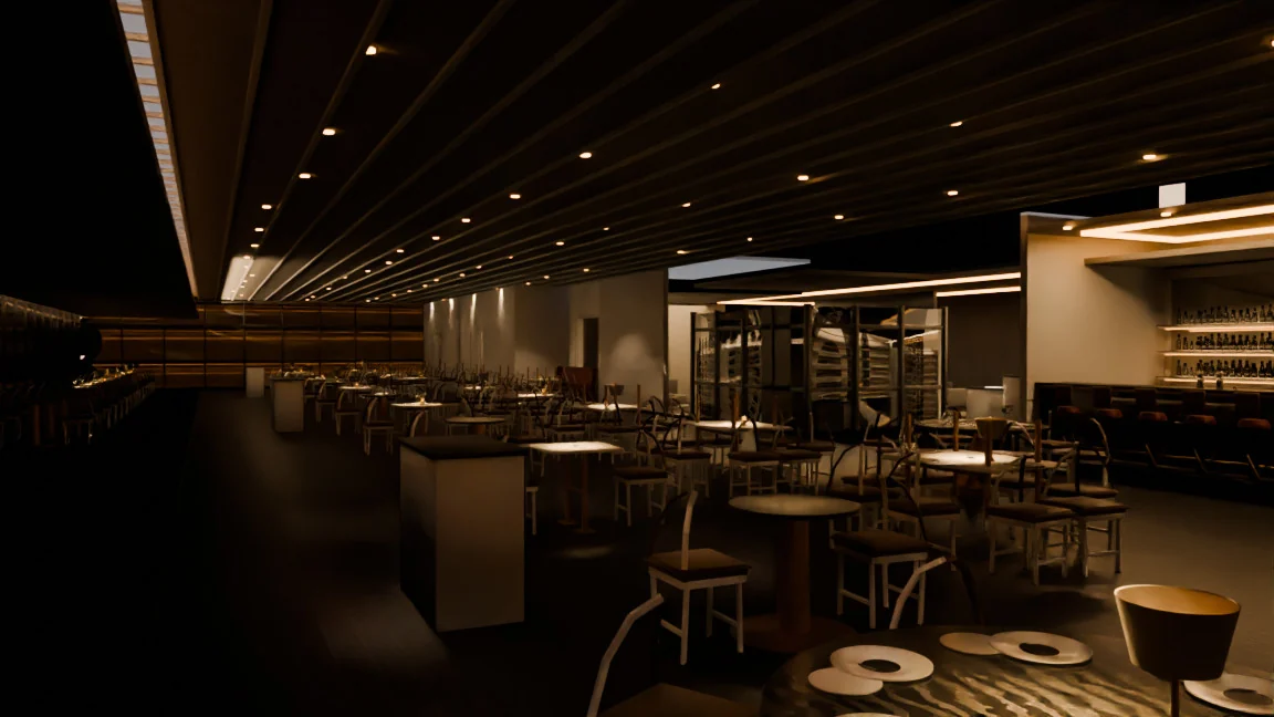 The procedurally generated skyline restaurant